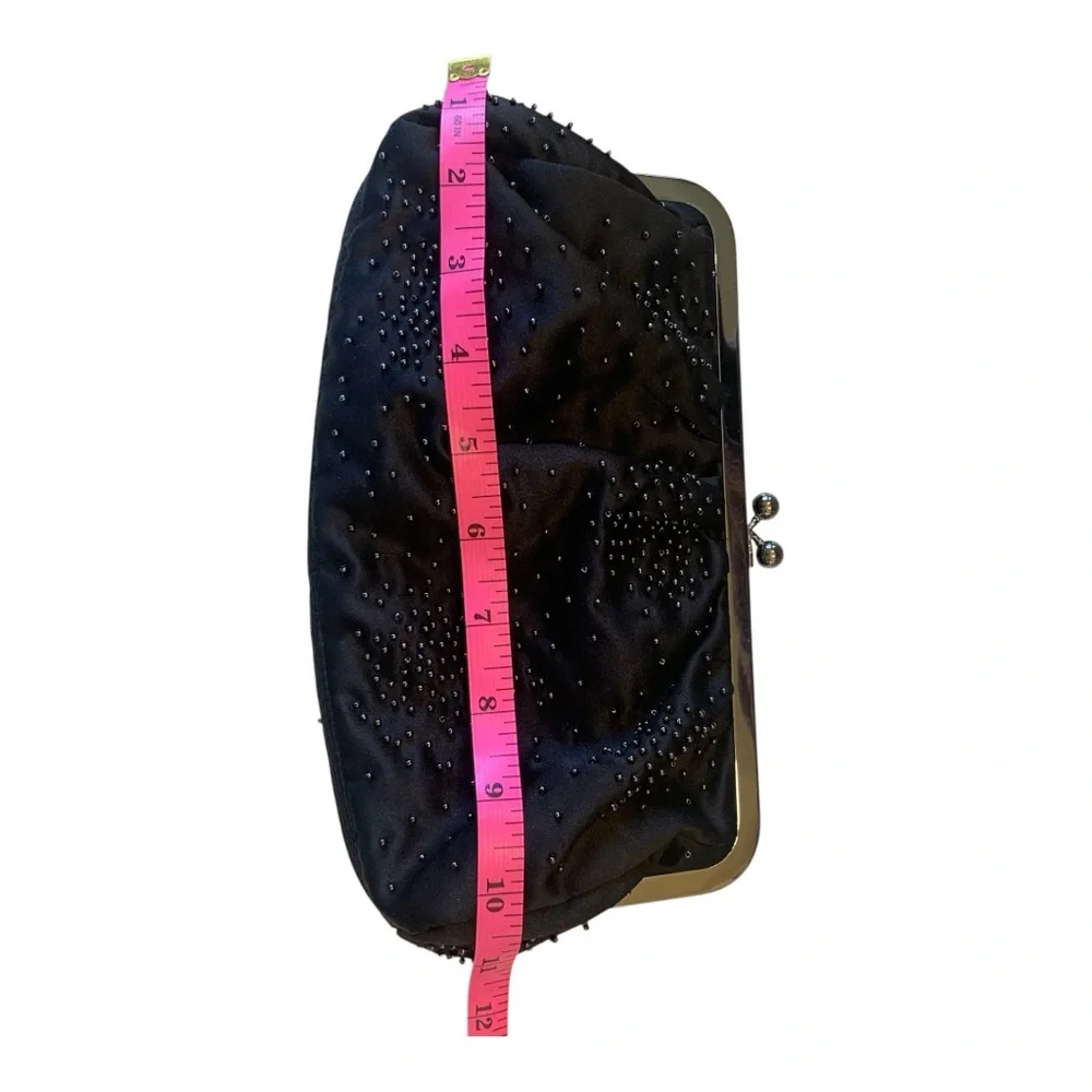 Vintage Express Black‎ Satin Beaded Snap Ball Closure Clutch Purse